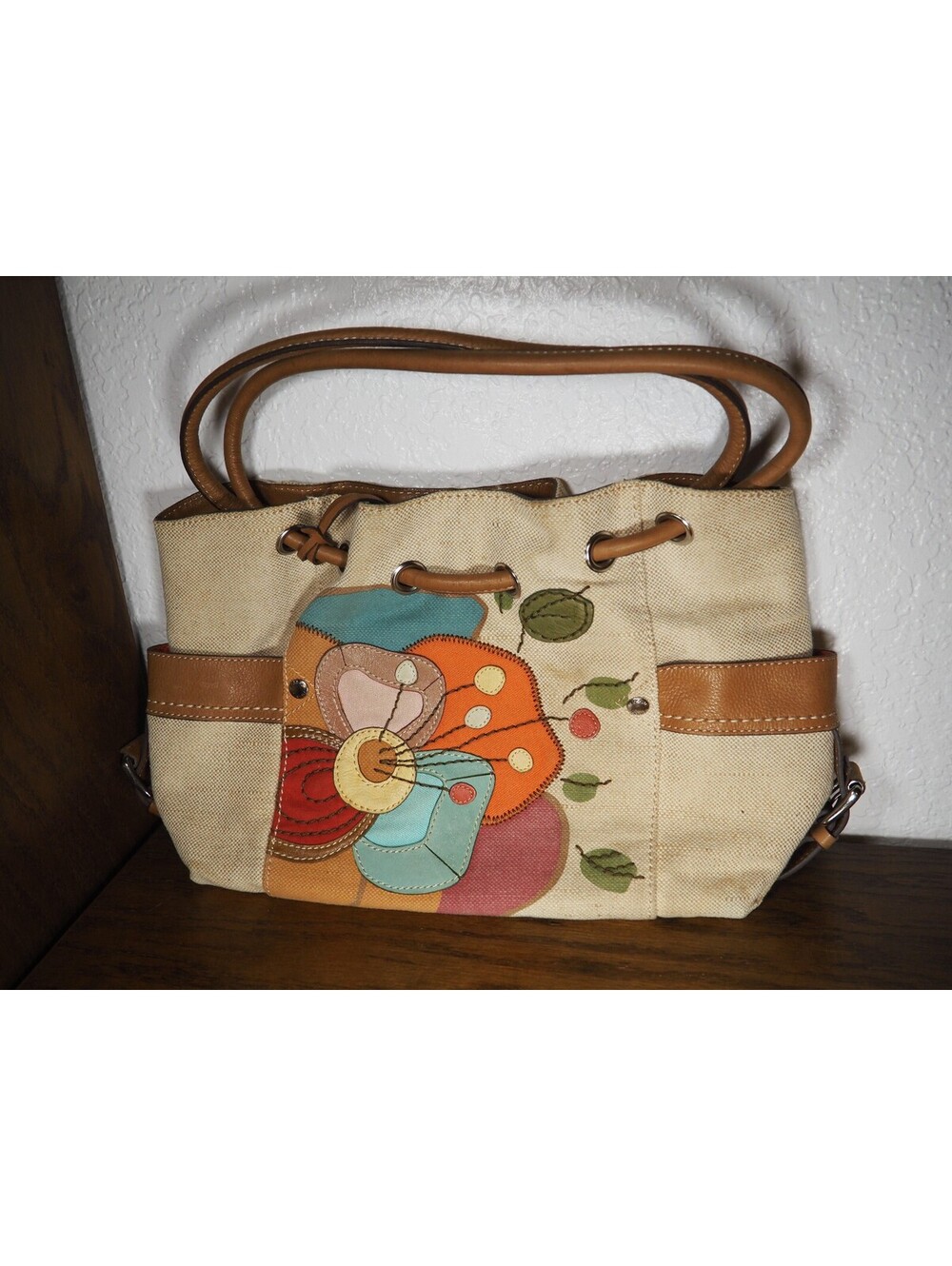 Fossil Canvas & Leather Floral Handbag – Colorful Stitch Design, Boho Chic Purse